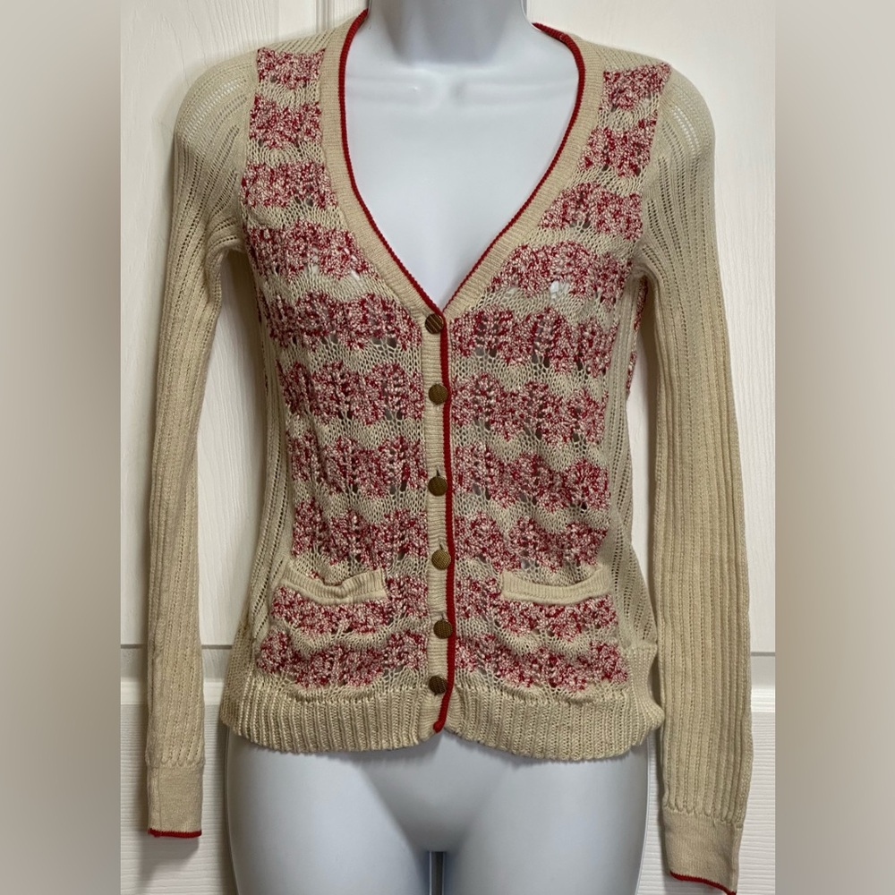 Sparrow Anthropologie Cream and Red Not Your Boyfriends Cardigan Sweater